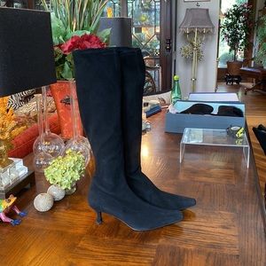 NEW Stuart Weitzman Sz8M Knee High Stretch Black Suede Kitten Heel Boots